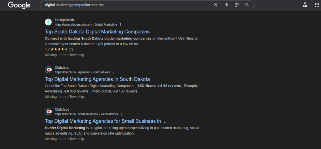 Google search results showing top digital marketing companies in South Dakota from DesignRush and Clutch.co